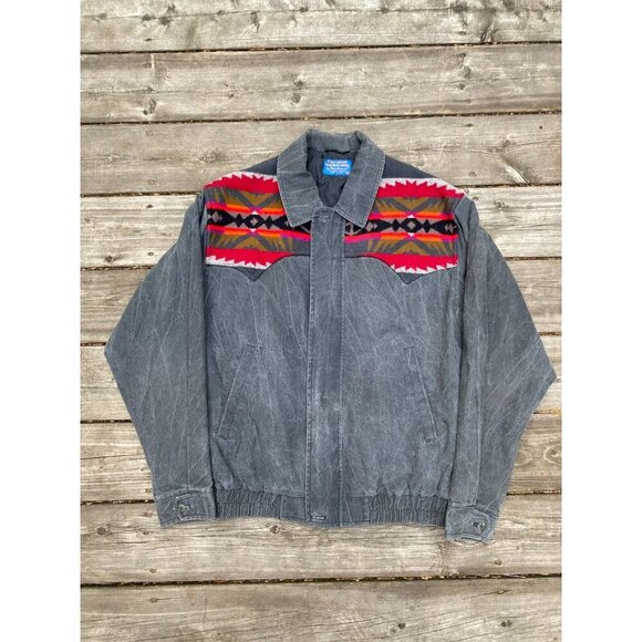 Pendleton High Grade Western Wear Cowboy Aztec Wool Denim Jacket Vintage Medium - Picture 5 of 8